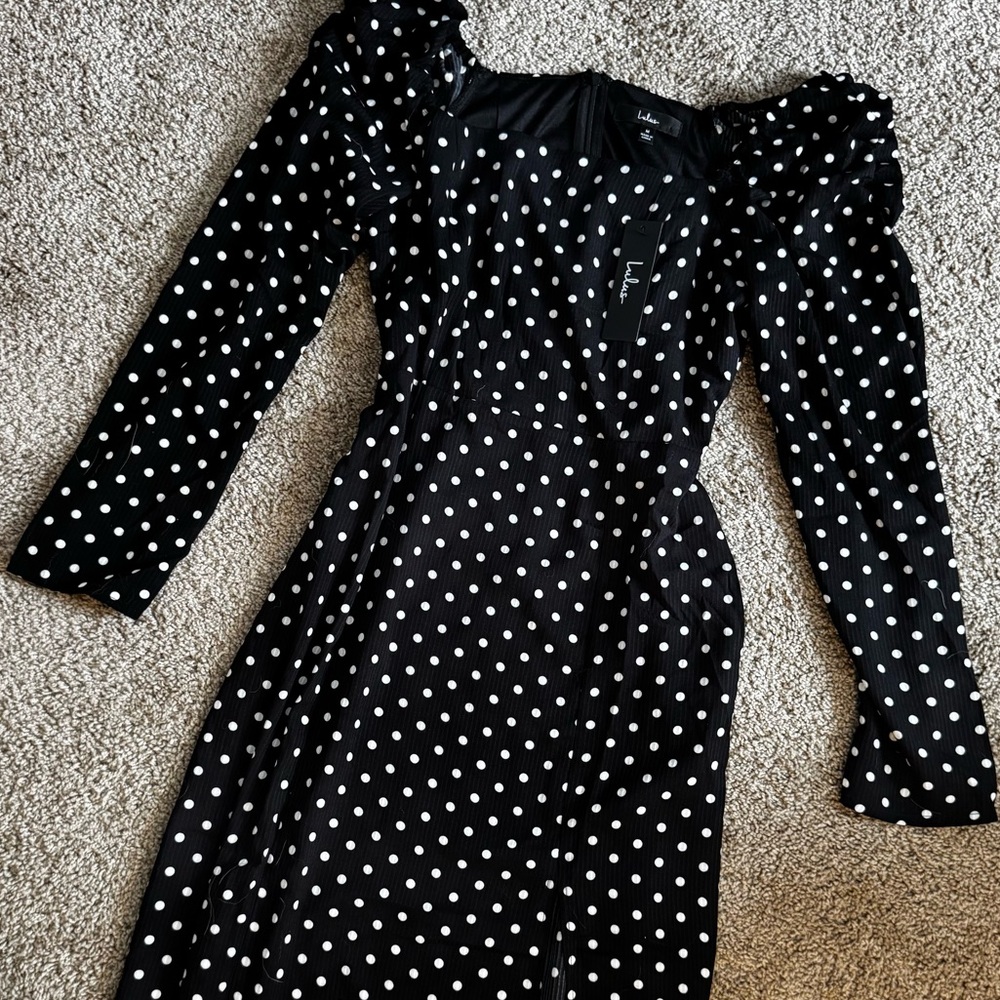 Lulu’s Charmed and Classy Black Polka Dot Long Sleeve Midi Dress
